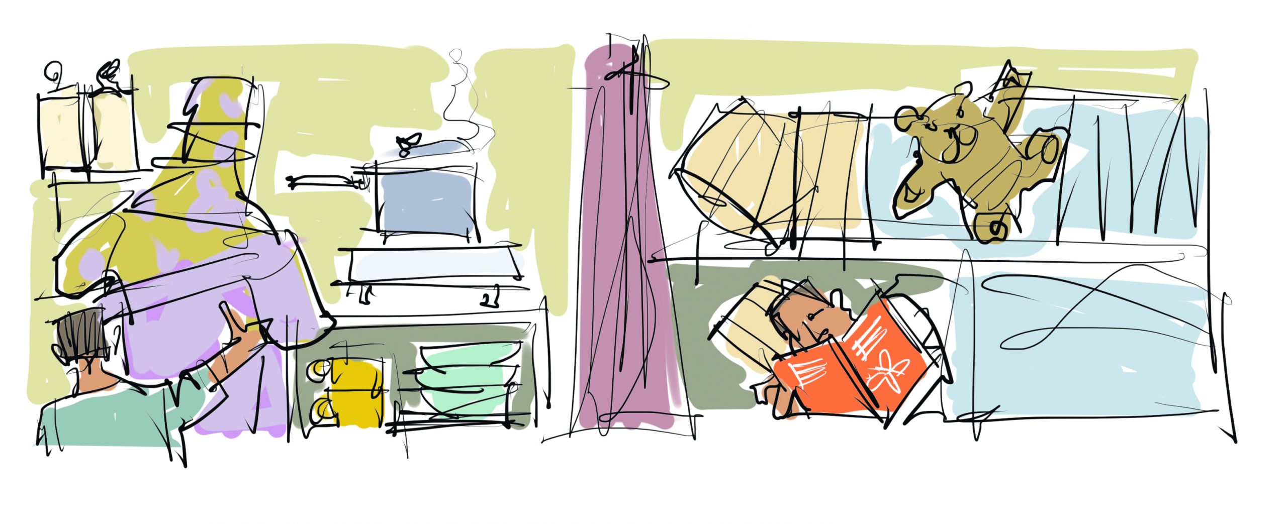 An illustration of three people. An adult, probably female, is cooking while a child pulls at her robe. Behind a curtain, a person, probably male, lies in bed reading a book. There is a teddy bear on the top bunk. This illustration is supposed to represent Sphere Shelter and settlement standard 3: Living Space.