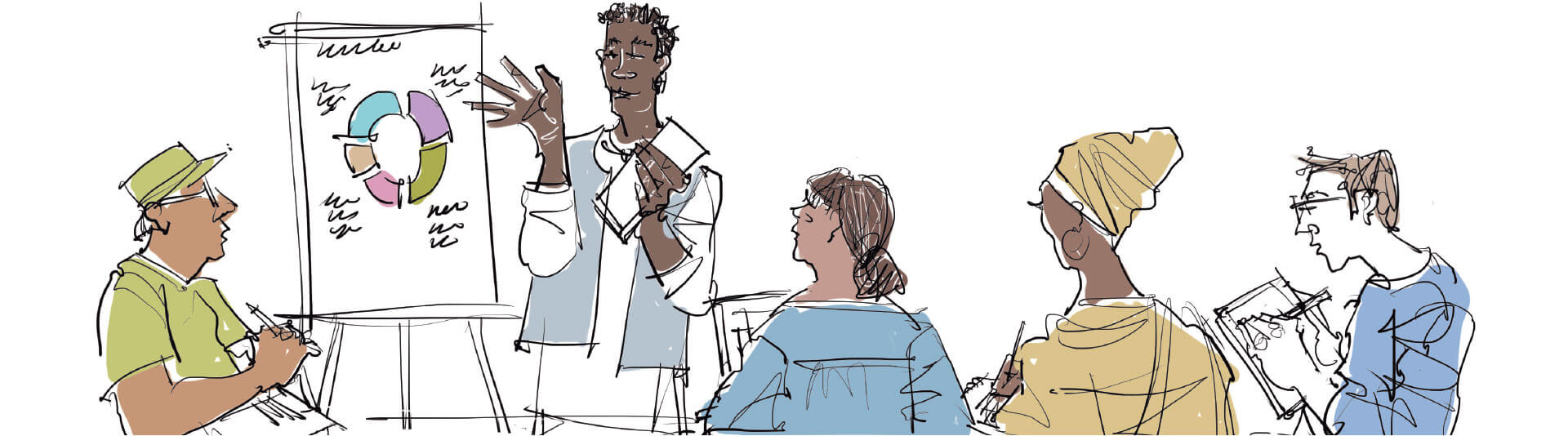 An illustration of five people. One is standing and presenting a pie chart on a flipchart. The other four are sitting and taking notes.