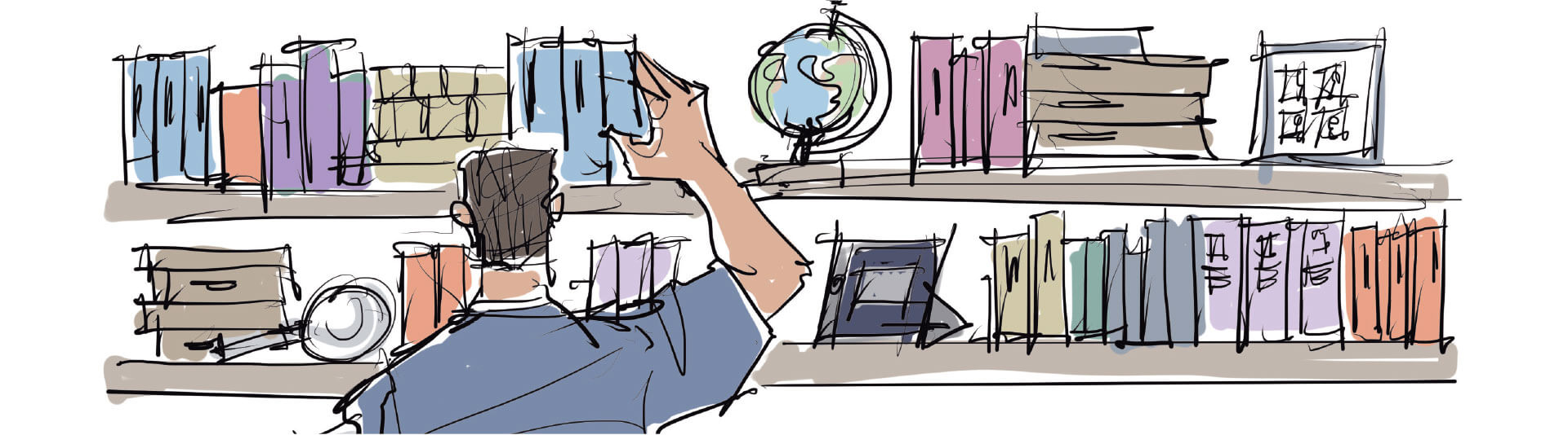 An illustration of a person reaching to take something from one of two shelves. The shelves contain mostly different coloured books, along with some photo frames, a world globe, and a magnifying glass.
