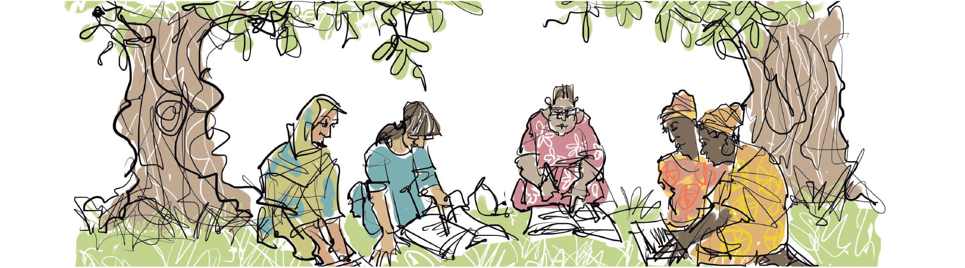 An illustration of five women sitting in a circle in the shade of two trees and referring to books, representing an outdoor participatory learning environment. It is not obvious whom, if anyone, is facilitating the group session.