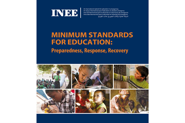 An image of the front cover of the “Minimum standards for education: Preparedness, Response, Recovery” handbook, including the title and a collage of six photos showing children in different learning environments.