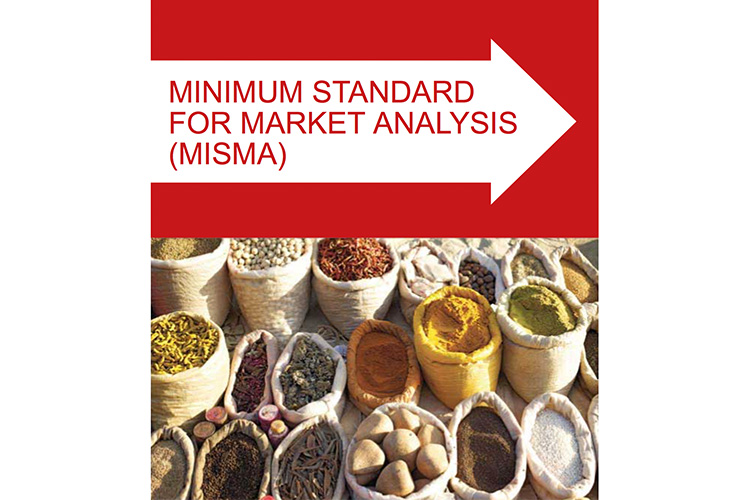 An image of the front cover of the “Minimum standard for market analysis (MISMA)” booklet, including the title and a photograph of around 20 sacks filled with different spices.