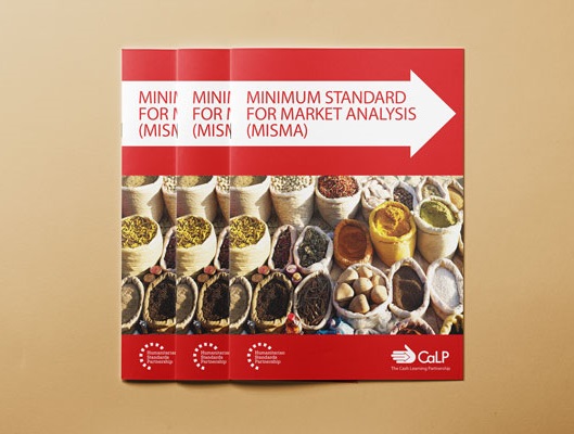 An image of the front cover of the “Minimum standard for market analysis (MISMA)” booklet, including the title and a photograph of around 20 sacks filled with different spices.