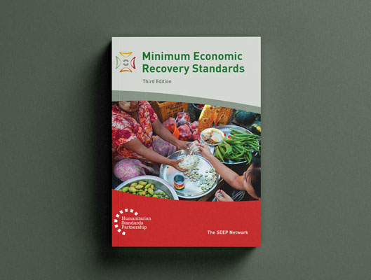 A photo-realistic mock-up of a printed English “Minimum Economic Recovery Standards (MERS)” handbook, including the title and a photo of a market stall where a woman is trading some cash for a bag of beans.