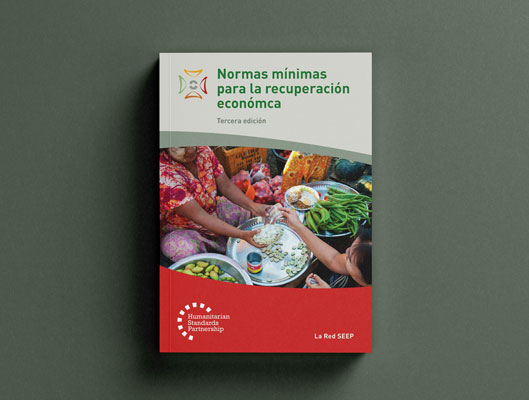 A photo-realistic mock-up of a printed Spanish “Minimum Economic Recovery Standards (MERS)” handbook, including the title and a photo of a market stall where a woman is trading some cash for a bag of beans.