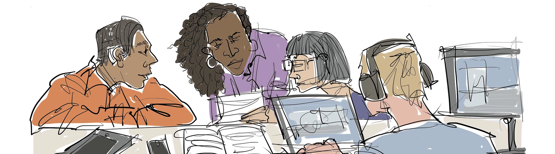 An illustration of four people. They have a desktop PC, a laptop, a phone and a tablet. One is wearing headphones.